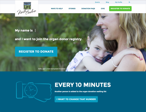 beautiful nonprofit website for Donate Life NC